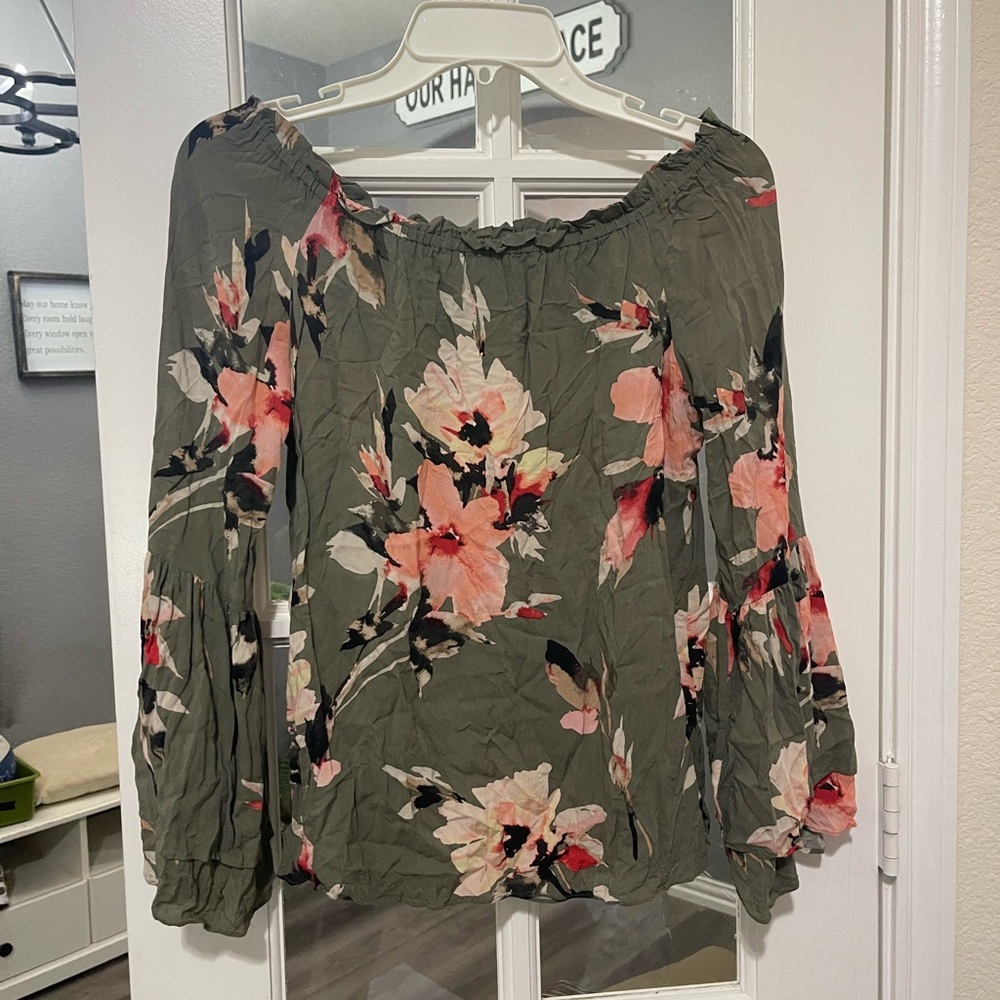 White House Black Market Floral Off-Shoulder Blouse - Green and Pink